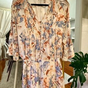 Joie Floral V-Neck Romper - Blue & Rust on Cream Pattern